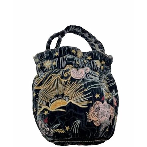 Handbags - 8788 Selah Velvet Pouch Jasper Blue Small Mini Pouch Embroidery Bag Handbag